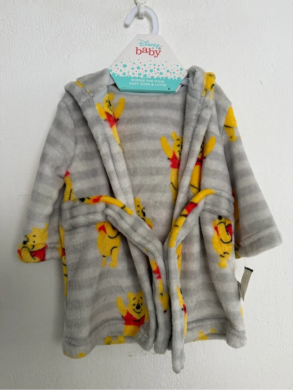 Disney Baby Gray Stripe Hooded Plush Robe with Yellow Winnie the Pooh